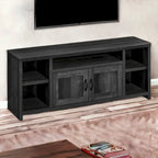Meuble TV noir moderne en bois recyclé pour téléviseurs 55 pouces avec placards et étagères – 60,3 cm (H) x 149,9 cm (l) x 39,4 cm (P)