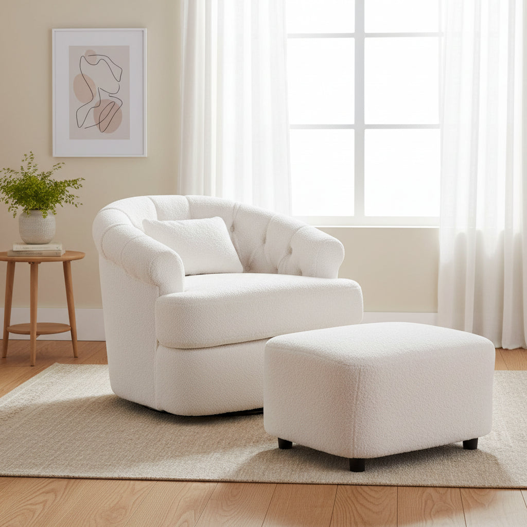 Fauteuil pivotant en velours avec pouf, rotation 360° et capacité de 136 kg
