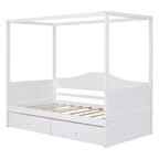 Lit de repos à baldaquin en bois, format jumeau, avec 2 tiroirs