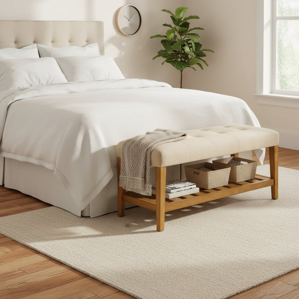 Banc 40 po en polyester beige et marron avec tablettes