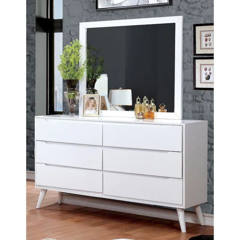 Commode et miroir de style Mid-Century Modern, ensemble de 2 pièces, 6 tiroirs