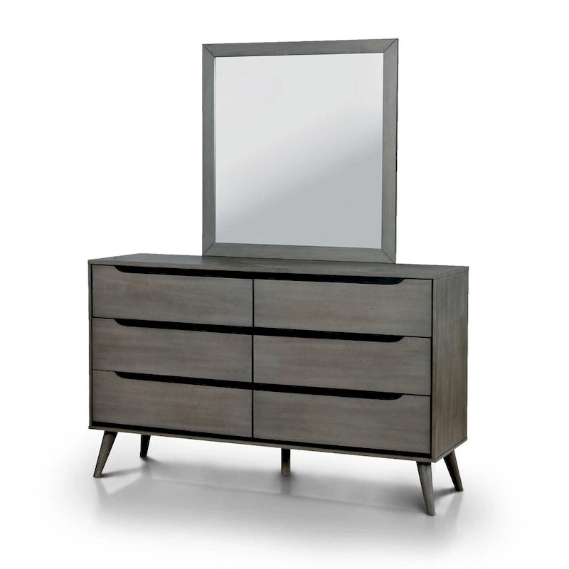 Commode et miroir de style Mid-Century Modern, ensemble de 2 pièces, 6 tiroirs