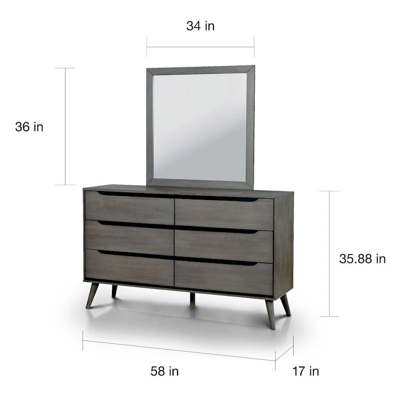 Commode et miroir de style Mid-Century Modern, ensemble de 2 pièces, 6 tiroirs
