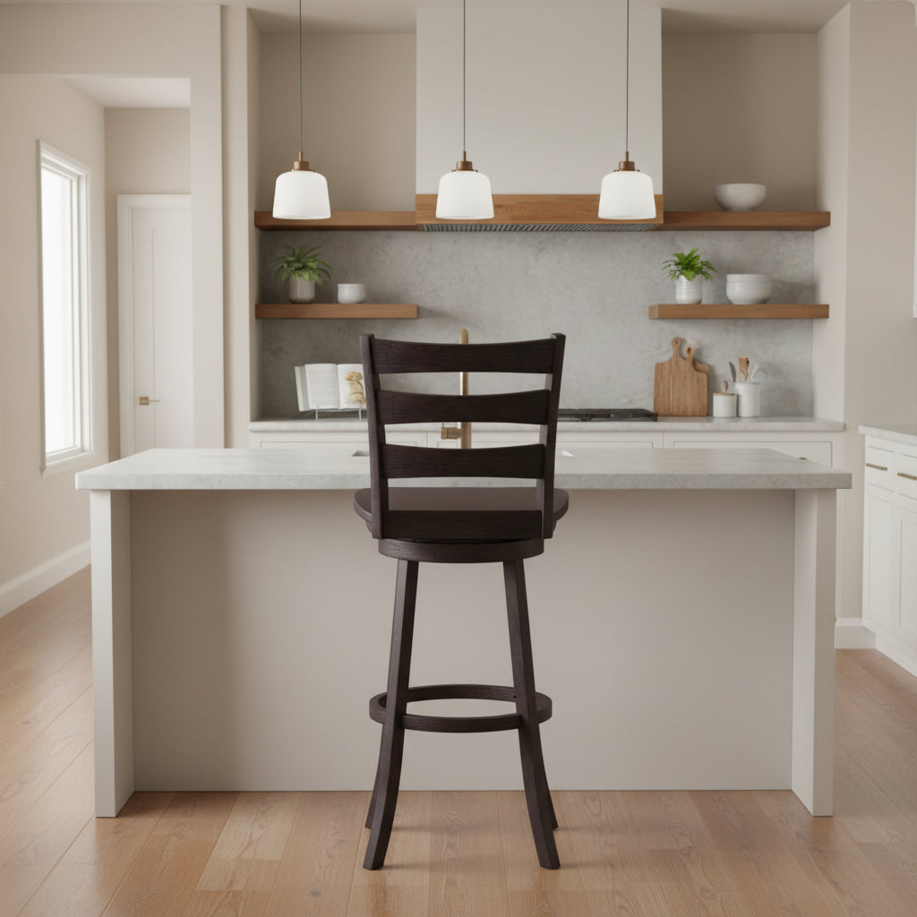 Tabouret de bar pivotant en bois avec dossier à barreaux et repose-pieds