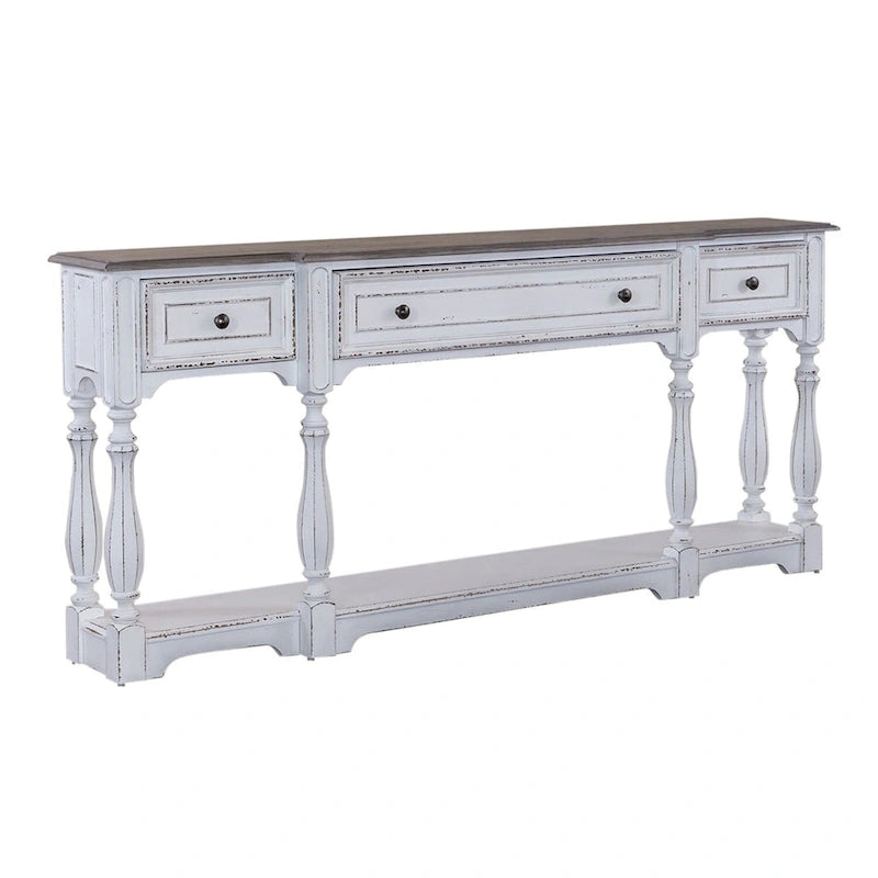 Console de hall 72 po blanc antique et écorce vieillie
