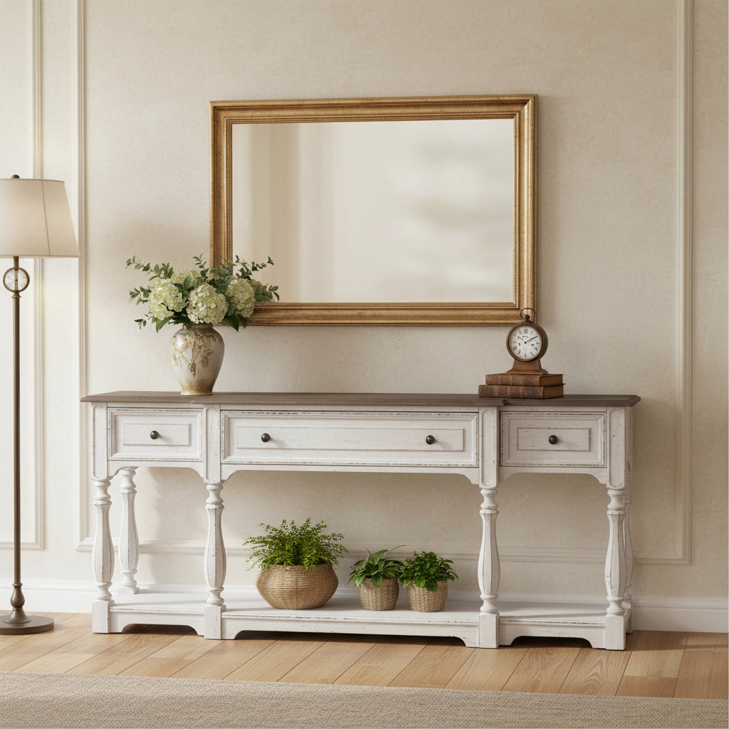 Console de hall 72 po blanc antique et écorce vieillie