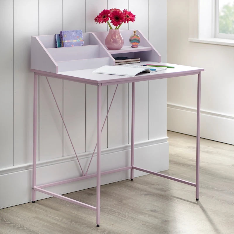 Bureau d'étudiant rose/gris avec étagère à livres et rangements, 1 personne