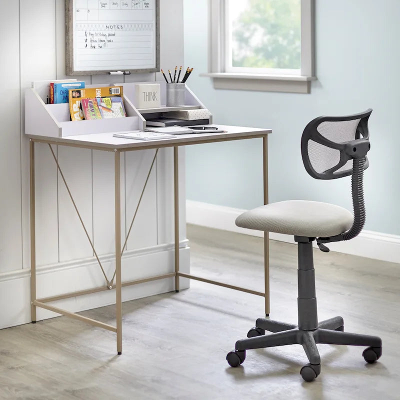 Bureau d'étudiant rose/gris avec étagère à livres et rangements, 1 personne