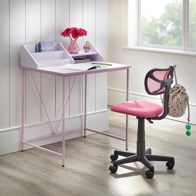 Bureau d'étudiant rose/gris avec étagère à livres et rangements, 1 personne