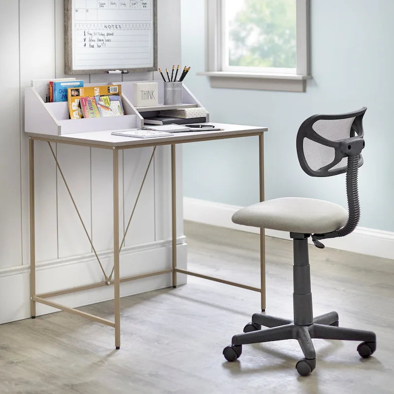 Bureau d'étudiant rose/gris avec étagère à livres et rangements, 1 personne