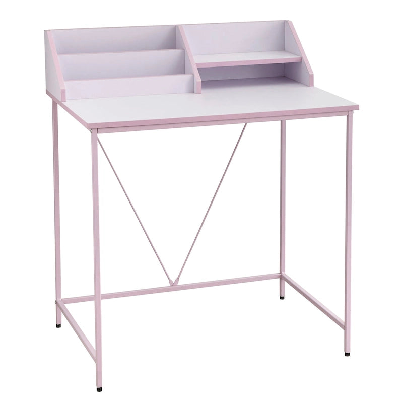 Bureau d'étudiant rose/gris avec étagère à livres et rangements, 1 personne