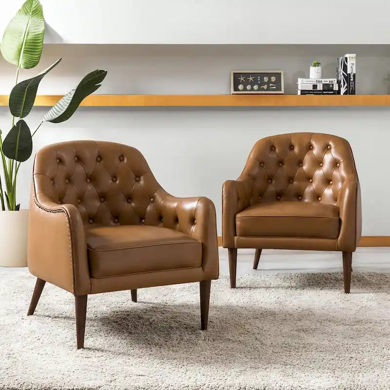 Fauteuil crapaud classique en cuir véritable avec pieds en bois et dossier capitonné (lot de 2)