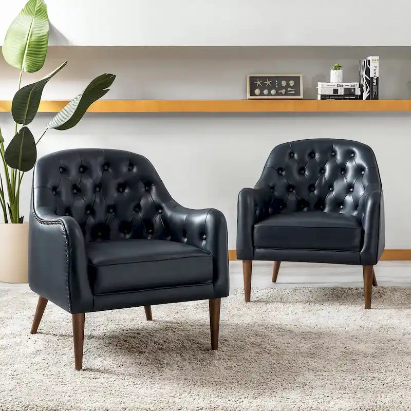 Fauteuil crapaud classique en cuir véritable avec pieds en bois et dossier capitonné (lot de 2)