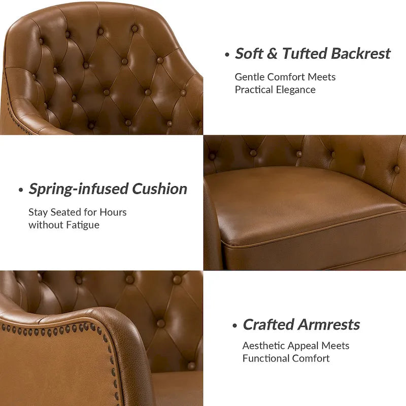 Fauteuil crapaud classique en cuir véritable avec pieds en bois et dossier capitonné (lot de 2)