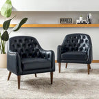 Fauteuil crapaud classique en cuir véritable avec pieds en bois et dossier capitonné (lot de 2)