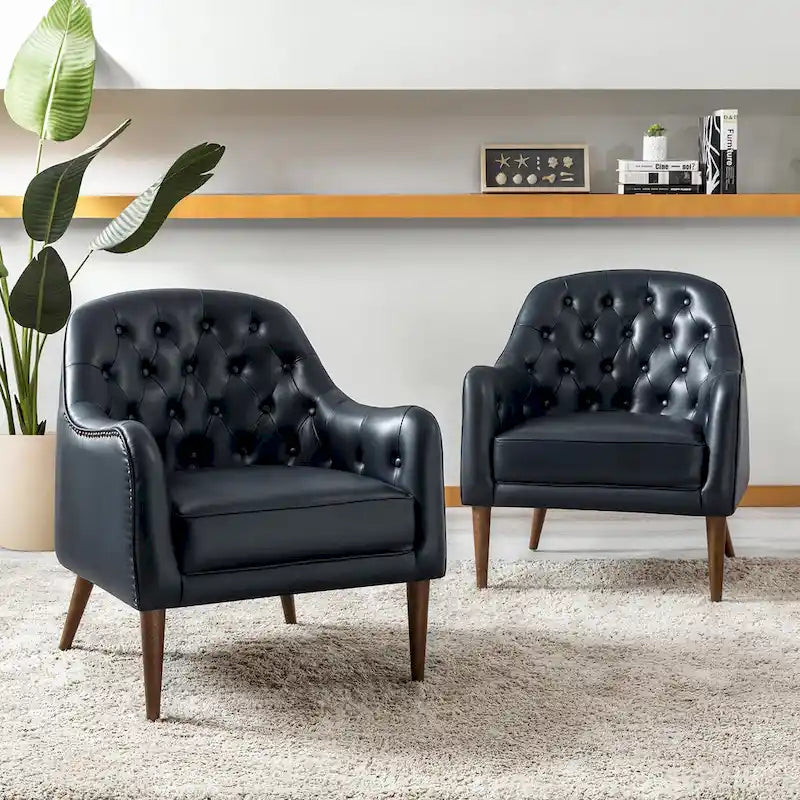 Fauteuil crapaud classique en cuir véritable avec pieds en bois et dossier capitonné (lot de 2)