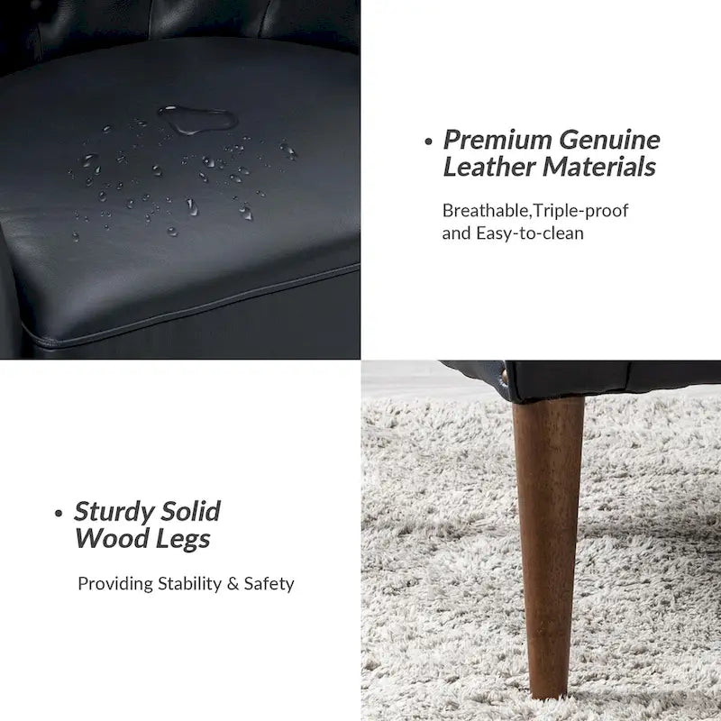 Fauteuil crapaud classique en cuir véritable avec pieds en bois et dossier capitonné (lot de 2)