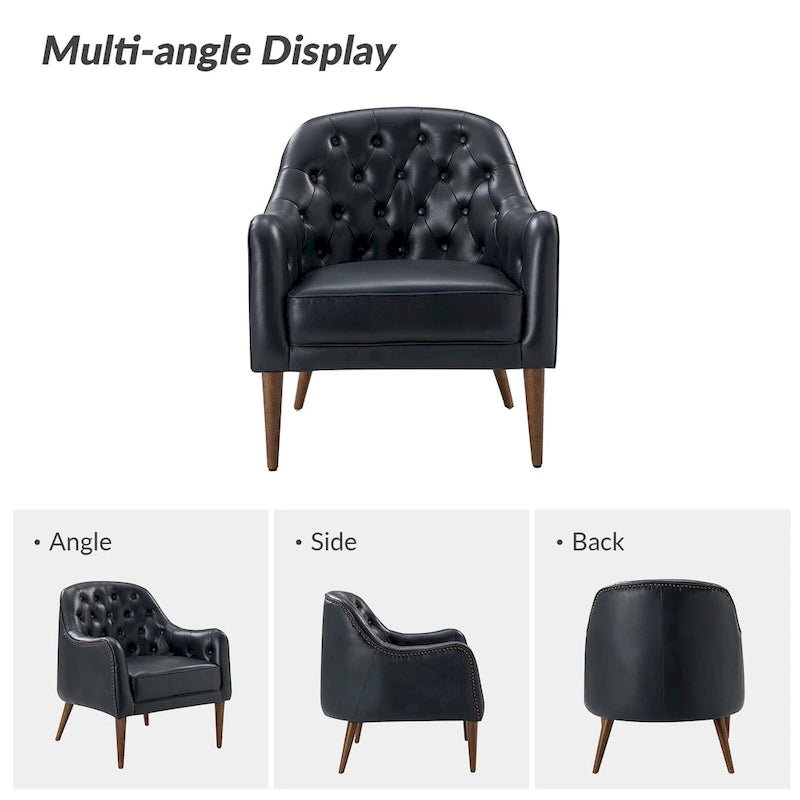 Fauteuil crapaud classique en cuir véritable avec pieds en bois et dossier capitonné (lot de 2)
