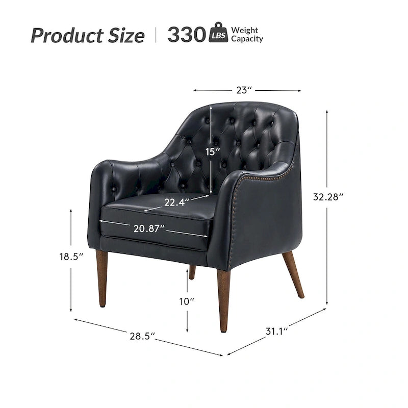 Fauteuil crapaud classique en cuir véritable avec pieds en bois et dossier capitonné (lot de 2)