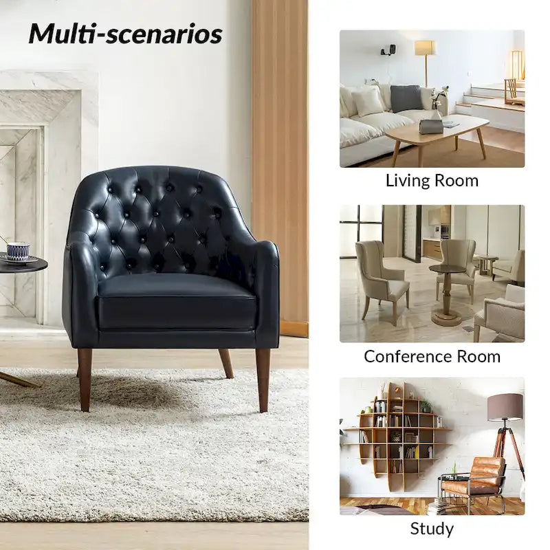 Fauteuil crapaud classique en cuir véritable avec pieds en bois et dossier capitonné (lot de 2)