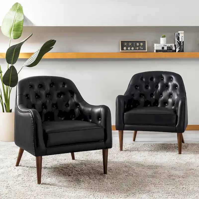 Fauteuil crapaud classique en cuir véritable avec pieds en bois et dossier capitonné (lot de 2)