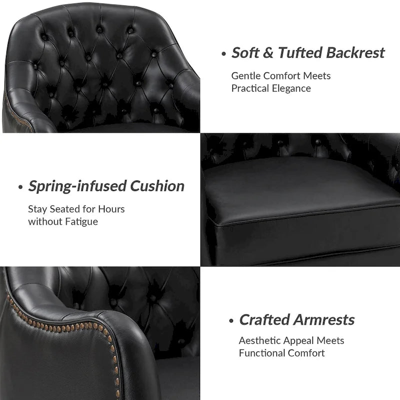 Fauteuil crapaud classique en cuir véritable avec pieds en bois et dossier capitonné (lot de 2)