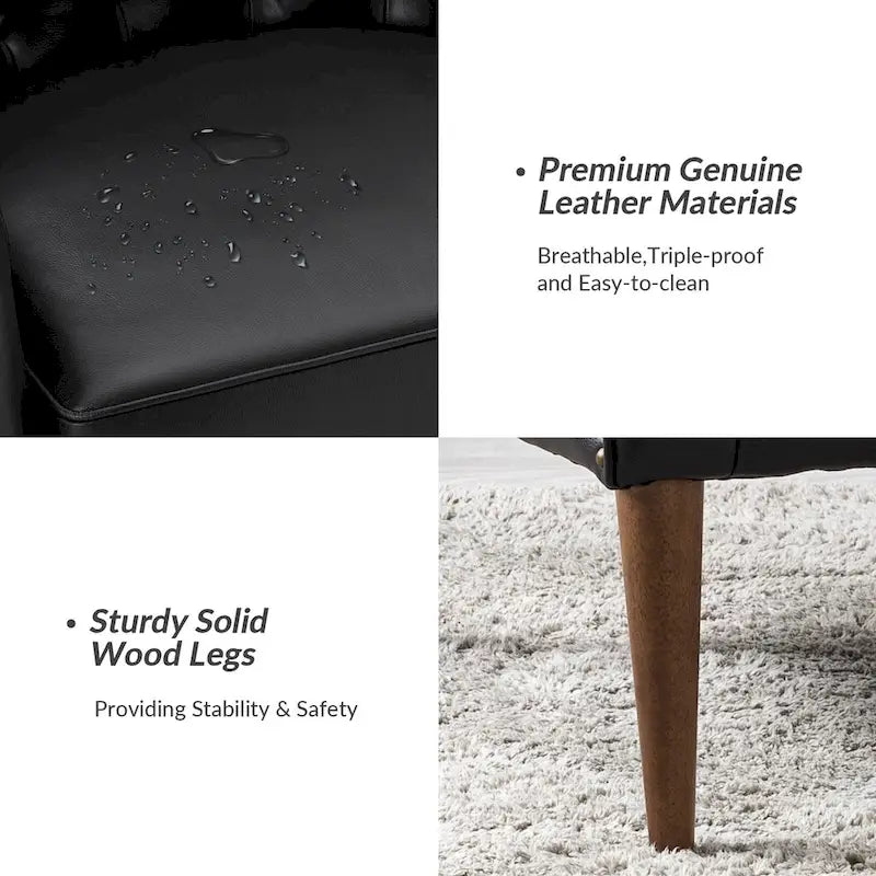 Fauteuil crapaud classique en cuir véritable avec pieds en bois et dossier capitonné (lot de 2)