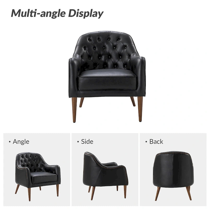 Fauteuil crapaud classique en cuir véritable avec pieds en bois et dossier capitonné (lot de 2)