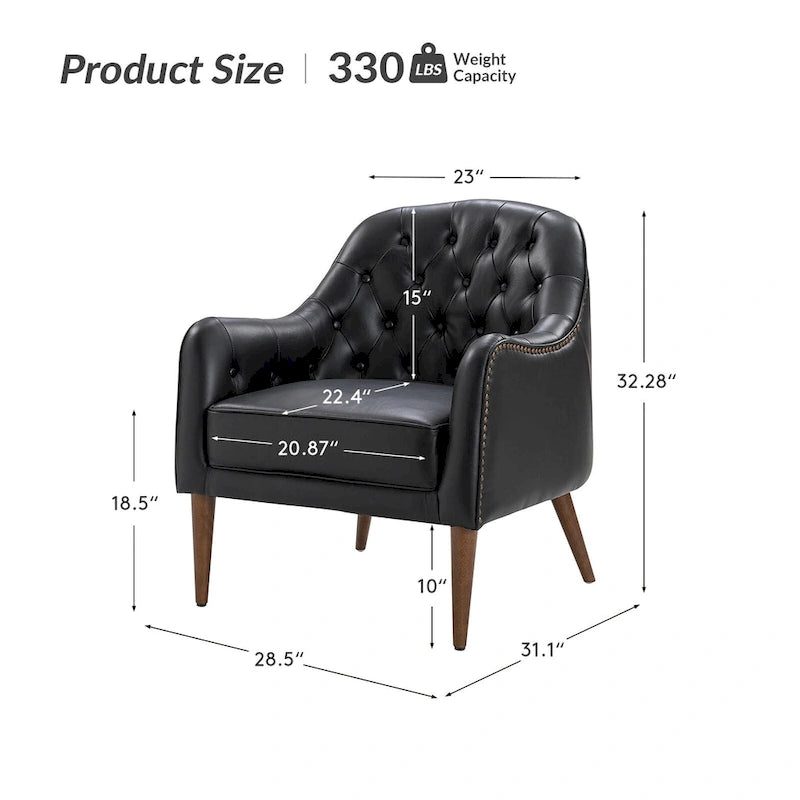 Fauteuil crapaud classique en cuir véritable avec pieds en bois et dossier capitonné (lot de 2)