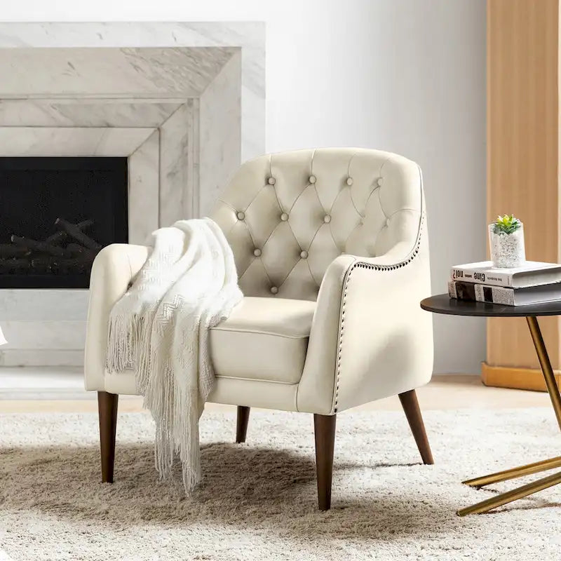 Fauteuil crapaud classique en cuir véritable avec pieds en bois et dossier capitonné (lot de 2)