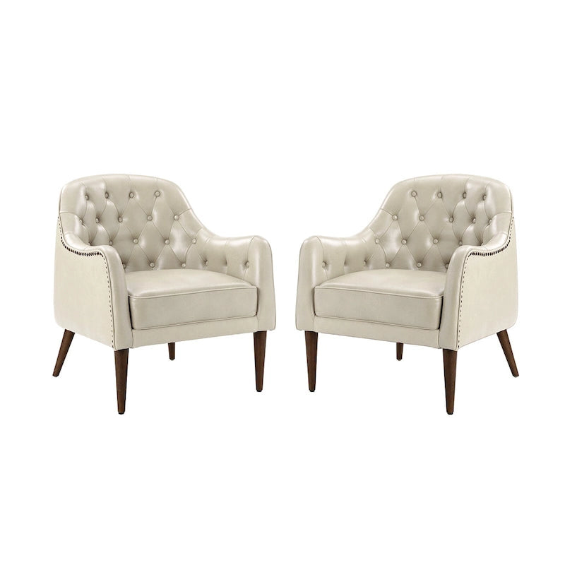 Fauteuil crapaud classique en cuir véritable avec pieds en bois et dossier capitonné (lot de 2)