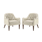 Fauteuil crapaud classique en cuir véritable avec pieds en bois et dossier capitonné (lot de 2)