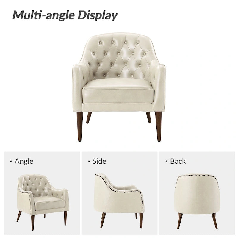 Fauteuil crapaud classique en cuir véritable avec pieds en bois et dossier capitonné (lot de 2)