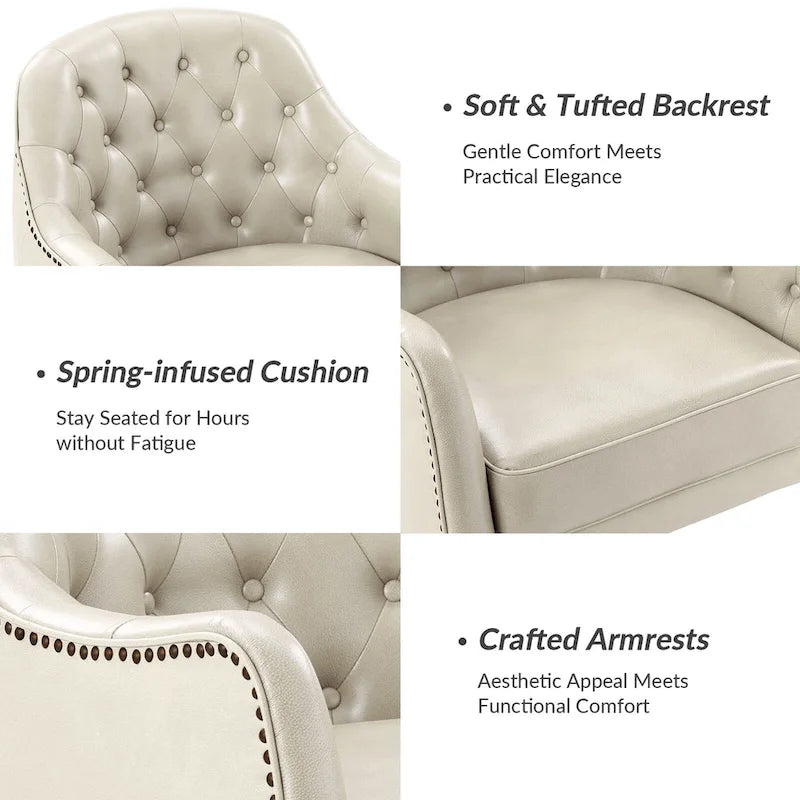 Fauteuil crapaud classique en cuir véritable avec pieds en bois et dossier capitonné (lot de 2)