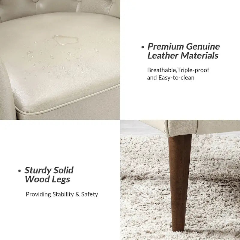 Fauteuil crapaud classique en cuir véritable avec pieds en bois et dossier capitonné (lot de 2)