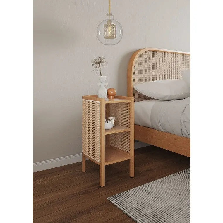 Table d'appoint — Noir avec rotin tressé naturel