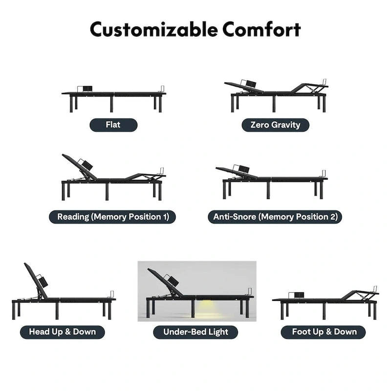 Cadre de lit électrique Twin XL/Queen/Split King, sans dégagement, gravité zéro, support de matelas