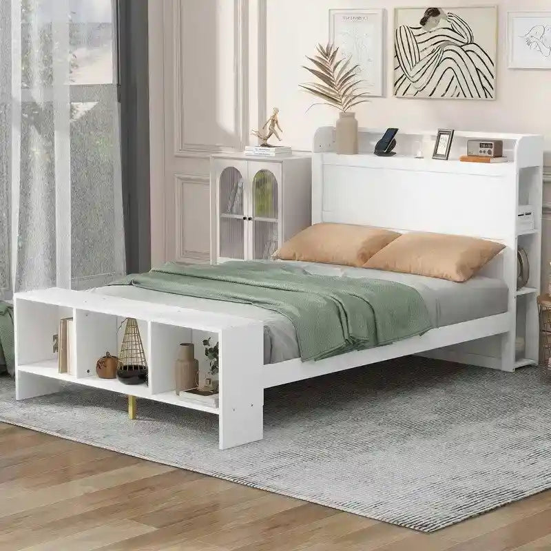 Lit plateforme avec étagères intégrées, lumières LED et ports USB, taille double/simple