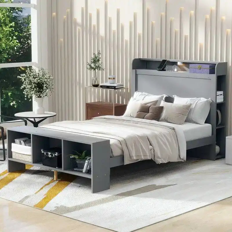 Lit plateforme avec étagères intégrées, lumières LED et ports USB, taille double/simple