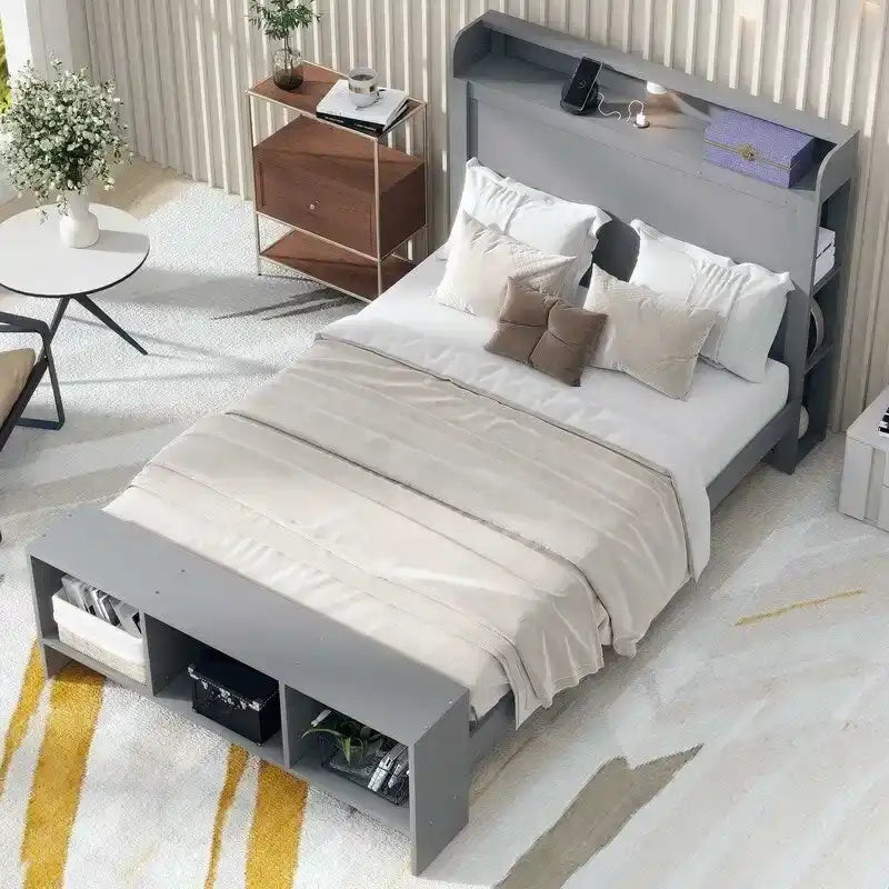 Lit plateforme avec étagères intégrées, lumières LED et ports USB, taille double/simple