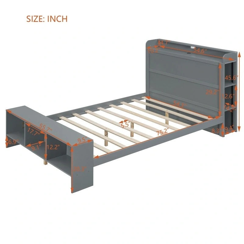 Lit plateforme avec étagères intégrées, lumières LED et ports USB, taille double/simple