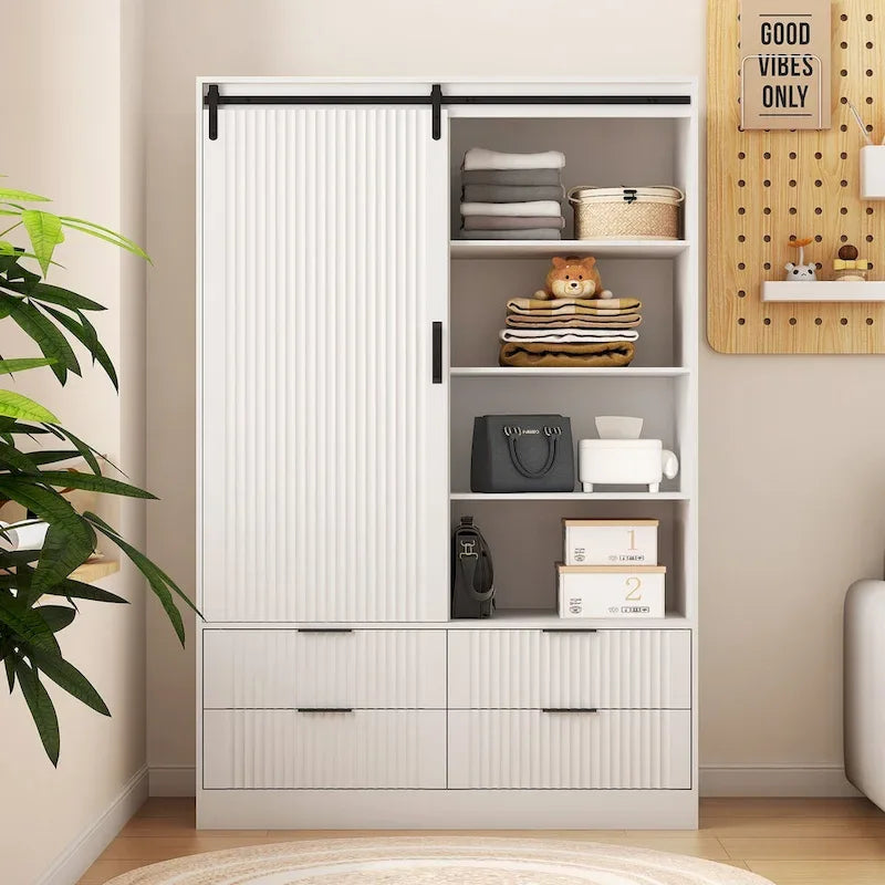 Grande Armoire de Chambre à Coucher avec Tringle à Vêtements, Portes Coulissantes, Tiroirs et Étagères Ouvertes