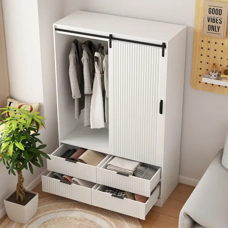 Grande Armoire de Chambre à Coucher avec Tringle à Vêtements, Portes Coulissantes, Tiroirs et Étagères Ouvertes