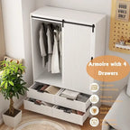 Grande Armoire de Chambre à Coucher avec Tringle à Vêtements, Portes Coulissantes, Tiroirs et Étagères Ouvertes