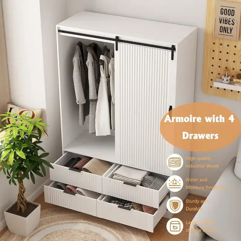 Grande Armoire de Chambre à Coucher avec Tringle à Vêtements, Portes Coulissantes, Tiroirs et Étagères Ouvertes