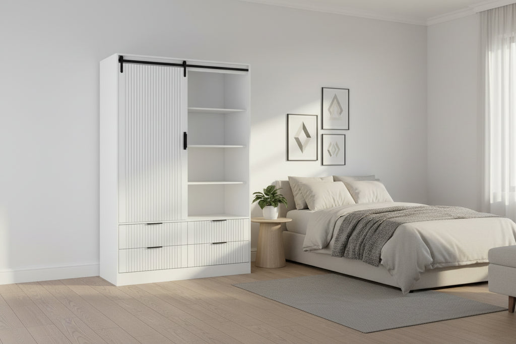 Grande Armoire de Chambre à Coucher avec Tringle à Vêtements, Portes Coulissantes, Tiroirs et Étagères Ouvertes