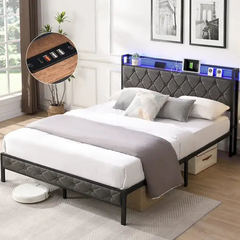 Lit plate-forme avec tête de lit de rangement, station de charge et lumières LED