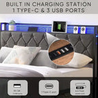 Lit plate-forme avec tête de lit de rangement, station de charge et lumières LED