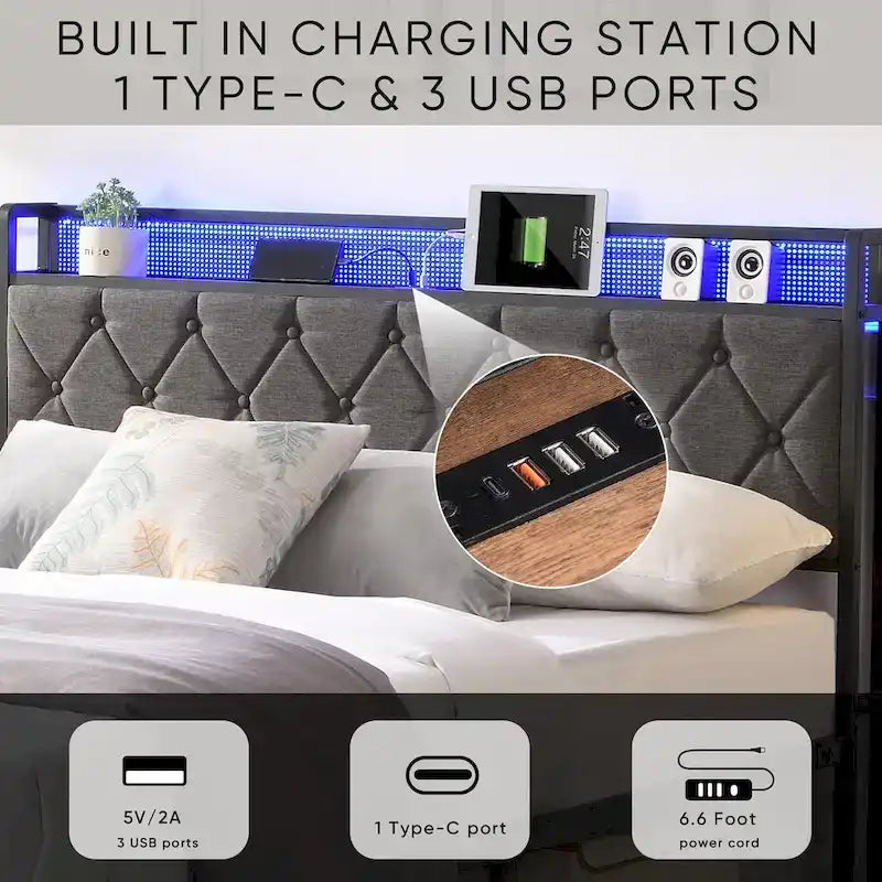 Lit plate-forme avec tête de lit de rangement, station de charge et lumières LED
