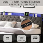 Lit plate-forme avec tête de lit de rangement, station de charge et lumières LED